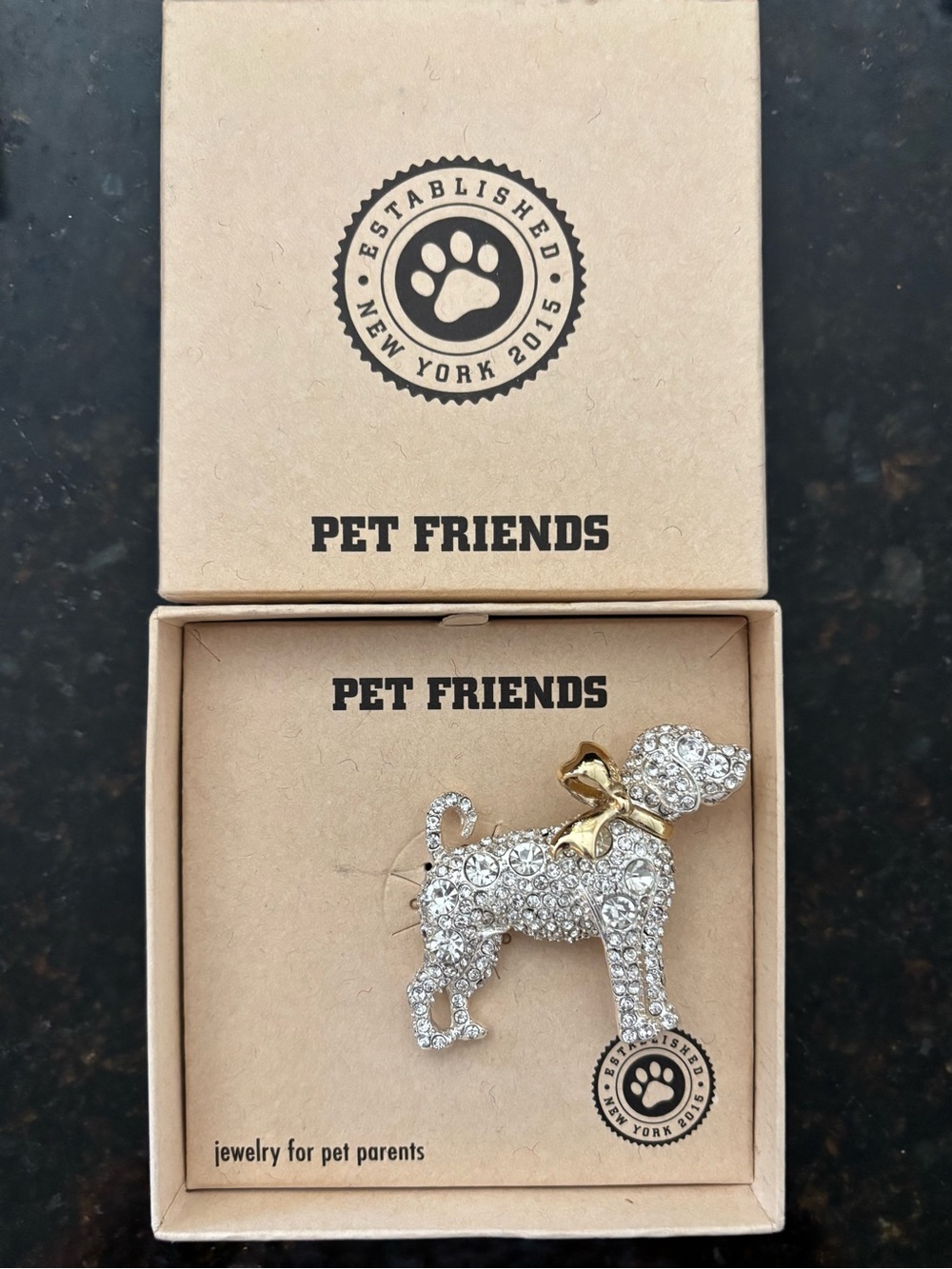 PET FRIENDS Silver Crystal Dog Brooch with Gold Bow